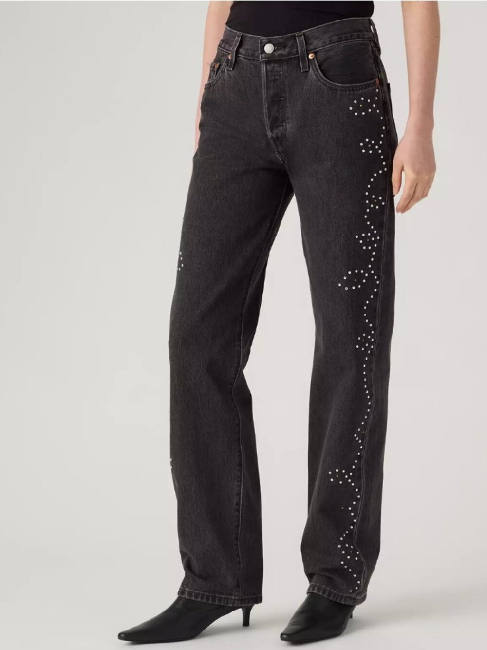 LEVI'S '90s 100% Cotton Studded High Rise Straight Leg Bejeweled Black Jeans 26